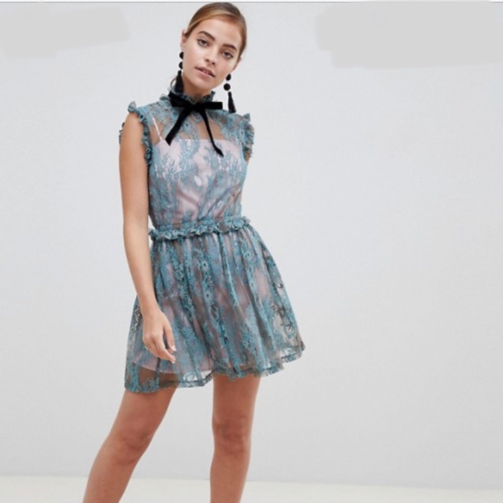 ASOS lace skater mini dress with velvet tie neck
